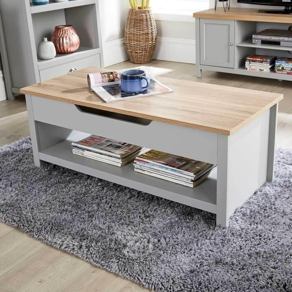 Home Source Avon Coffee Table Lift Up Grey Oak Occasional Storage