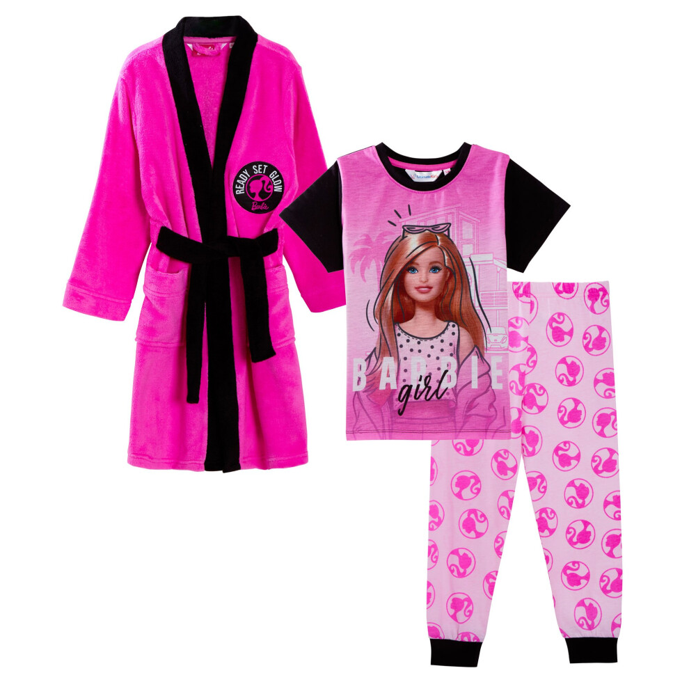 (4-5 Years) Girls Barbie Dressing Gown + Pyjamas 3pc Matching Set Red Bathrobe + Pjs