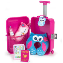 Sophia's Resvårdsset Plus Resväska med Ögonmask, Nackkudde, Tablet, Pass, Bagagetagg, Vattenflaska för 18" Dockor, Rosa/Blå