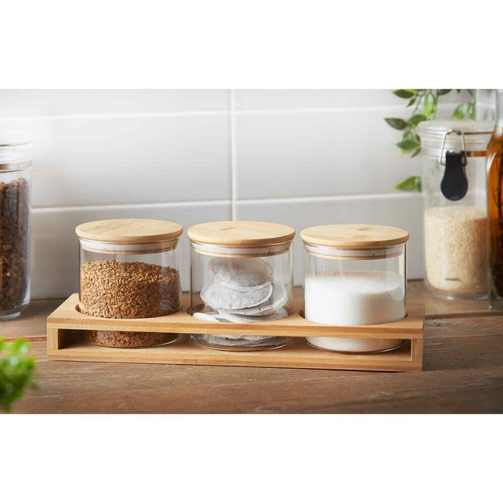 Set Of 3 Glass Tea Coffee Sugar Jars Canisters with Bamboo Stand Kitchen Storage