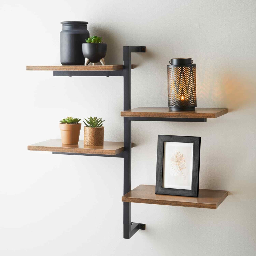 Multi Section Shelf Black Metal with Wooden Shelf Floating 4 Tier Wall Shelves
