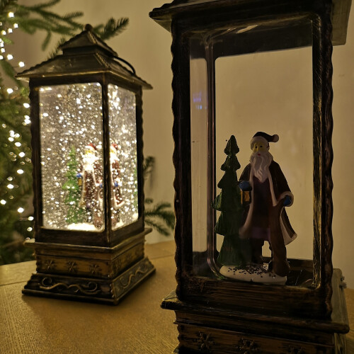 Snow Time Christmas Water Lantern Spinner with Santa Scene Battery Powered LED