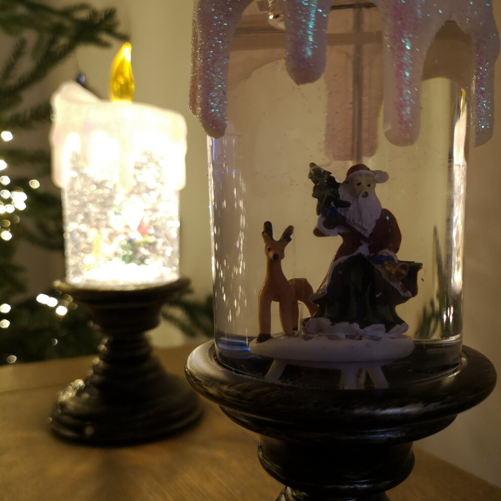 Snow Time Snowtime Indoor Battery Operated 25Cm Led Water Candle Stick Spinner With Santa Scene White