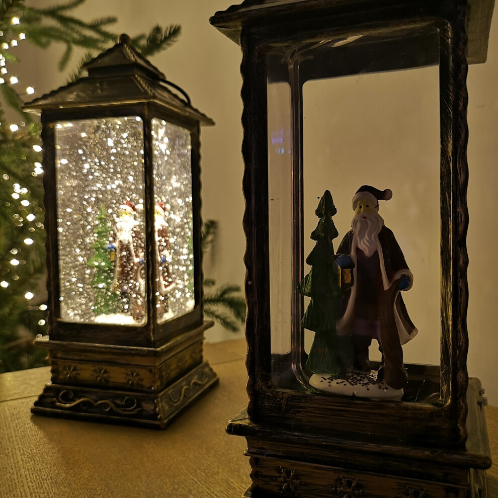 Premier White Oblong Lantern Glitter Water Spinner Warm Led-Santa 27Cm