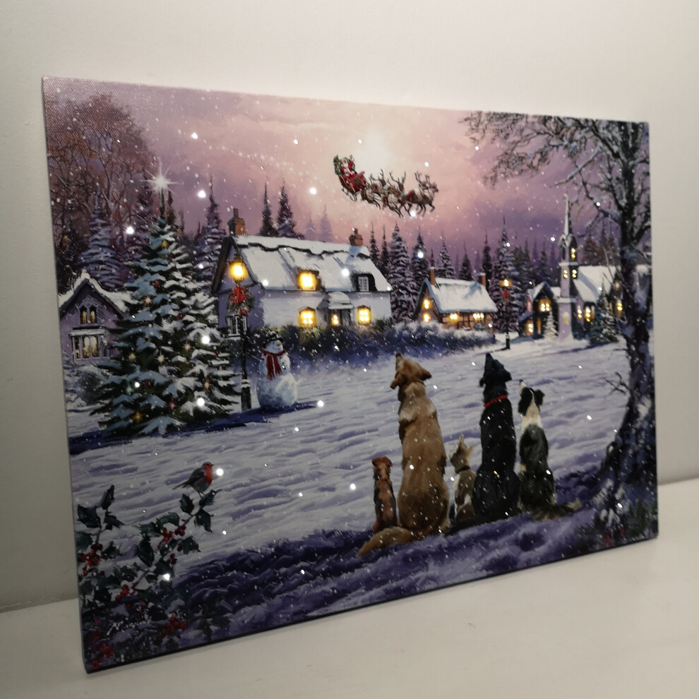 Snow Time Battery Operated Christmas 40X30cm Dogs Watching Santa Sleigh Over Village Canvas