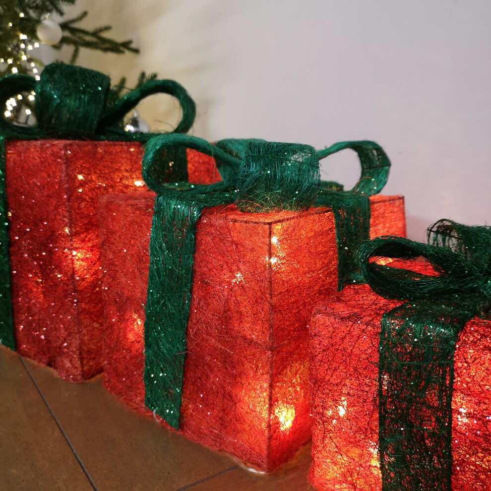 Set of 3 LED Battery Powered Light Up Christmas Present Boxes - Red w/ Green Bow