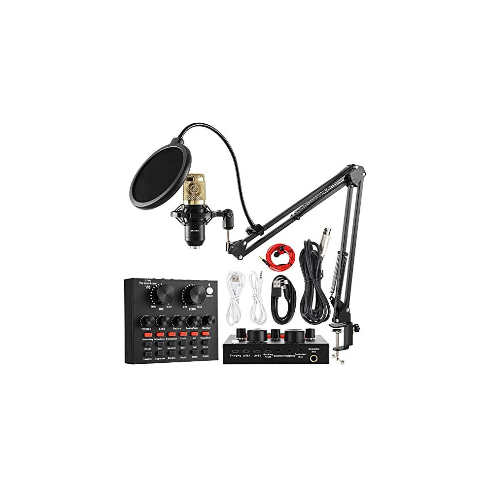 Condenser Microphone Bundle, BM-800 Mic Kit with Live Sound Card, Adjustable Mic Suspension Scissor Arm,Metal Shock Mount, and Double-Layer Pop