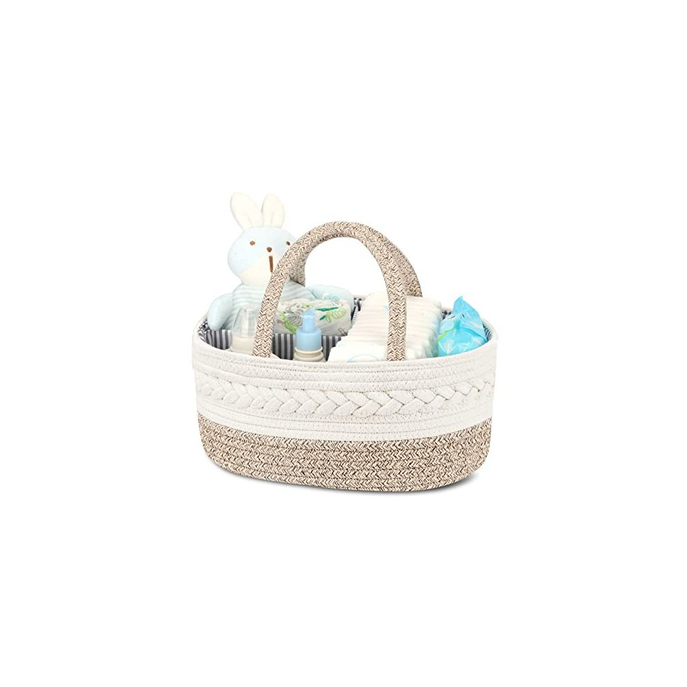 Maliton Nappy Caddy Organiser?Cotton Rope Newborn Essentials Diaper Caddy?Sturdy Portable Nursery Baby Caddy Storage Basket with Removable Compar