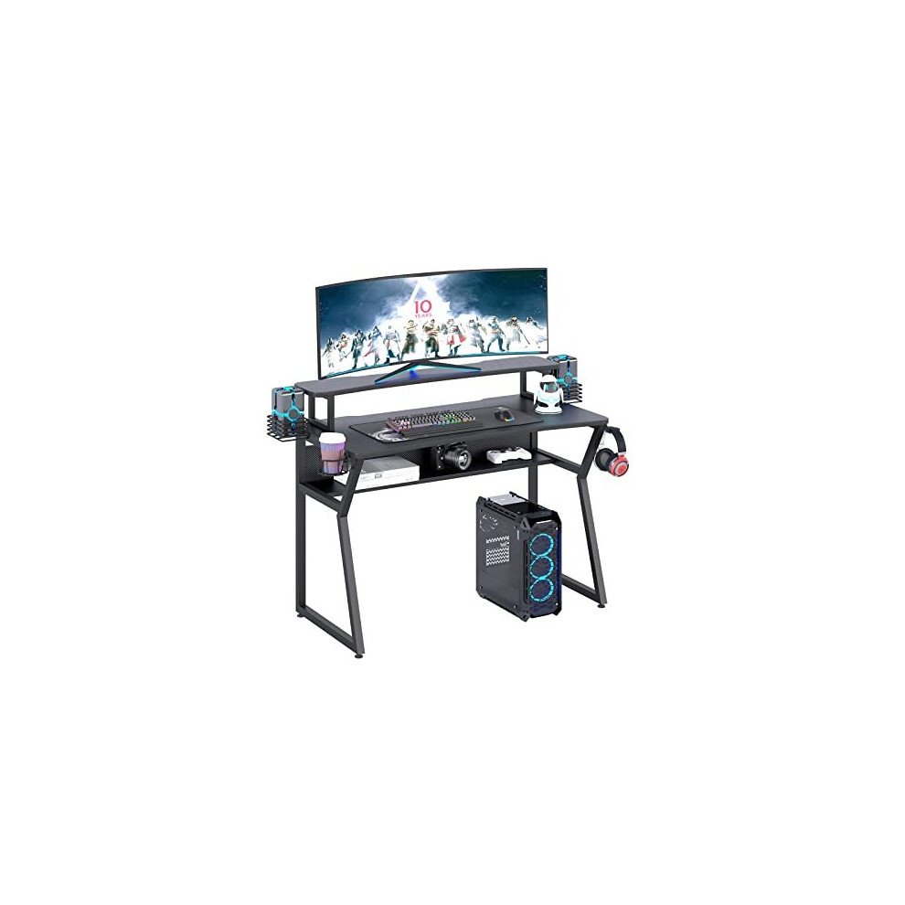 TREETALK Gaming Desk, Computer Desk with Large Monitor Stand and Open Shelf, PC Laptop Gamer Table Workstation with Cup Holder, Headphone Hook, 2