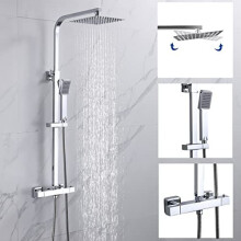 Bathroom Thermostatic Shower Mixer Set, Handheld Shower and with Adjustable 8" Overhead Rainfall Shower Head, Twin Head & Body Chrome Plated Set