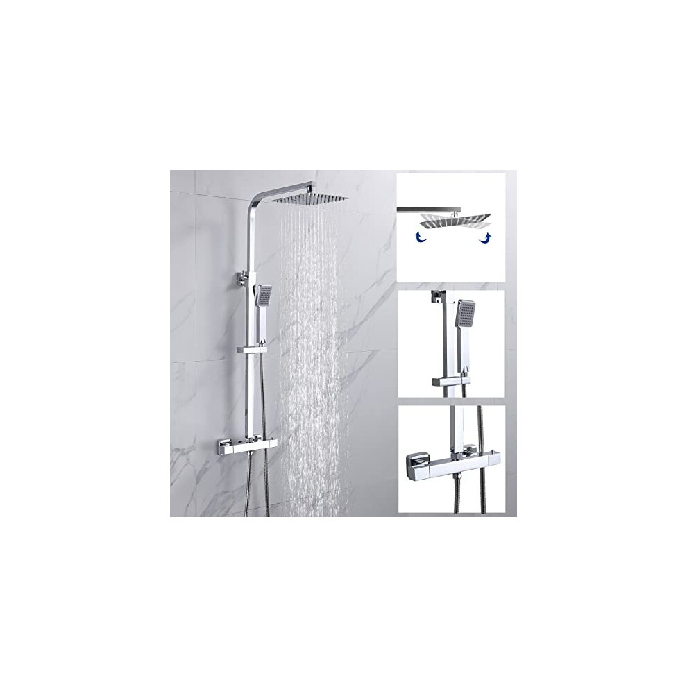 Bathroom Thermostatic Shower Mixer Set, Handheld Shower and with Adjustable 8" Overhead Rainfall Shower Head, Twin Head & Body Chrome Plated Set