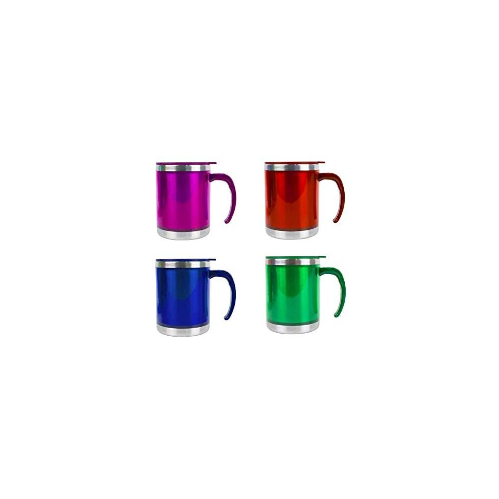 Invero Set of 4 Stainless-Steel Insulated (450ml 16oz) Colourful Travel Mug with Plastic Lid and Handle Ideal for Hot Drinks - Tea, Coffee, Hot