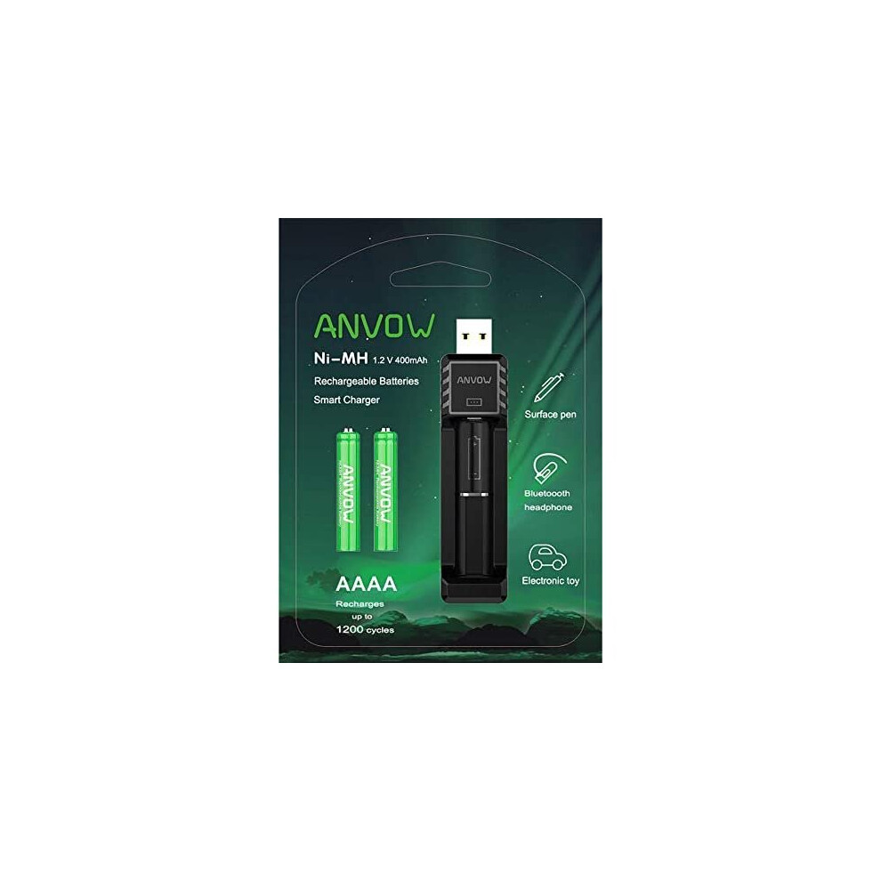 AAAA Batteries, ANVOW Rechargeable AAAA Batteries for Surface Pen Active Stylus, Ni-MH 1.2V 400mAh AAAA Battery and CP-C-001 Smart Charger Inclu
