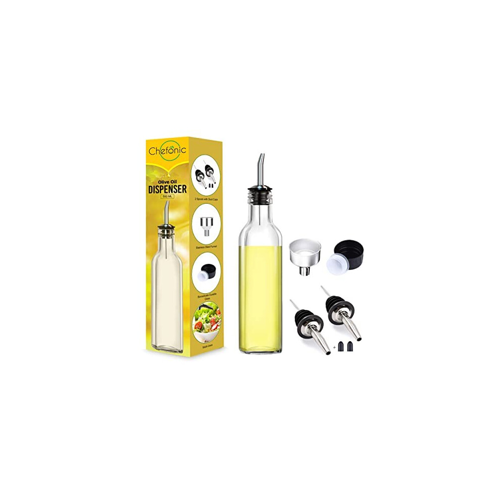 Glass Olive oil dispenser 500 ml, with 1 Funnel For Easy Refill, 2 Stainless Steel Pourer, Clear Borosilicate Oil Bottle for Kitchen, Cooking Oil