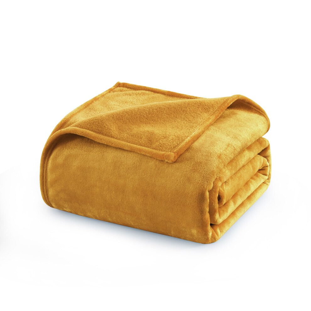 (Double, Mustard) Faux Fur Fleece Blanket Sofa Throw Soft Warm Bed Mink Single Double King & Super King