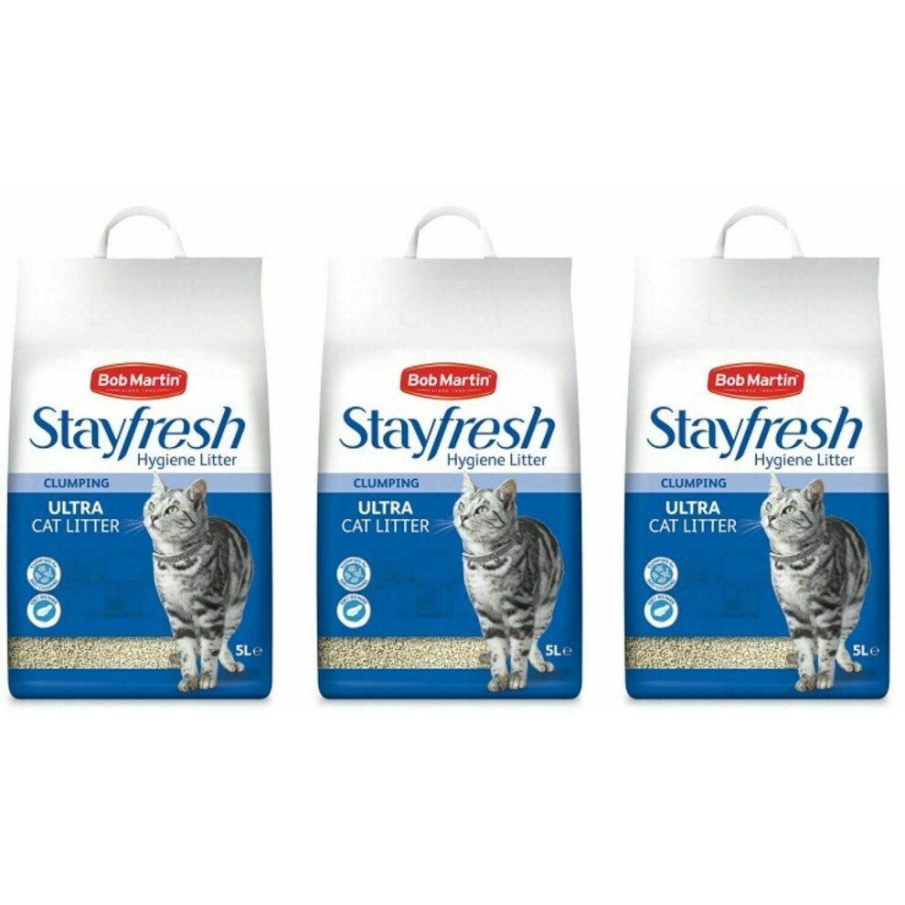 3 x Bob Martin Stayfresh Ultra Clumping Cat Litter Hygeine Liitter 5 Litre