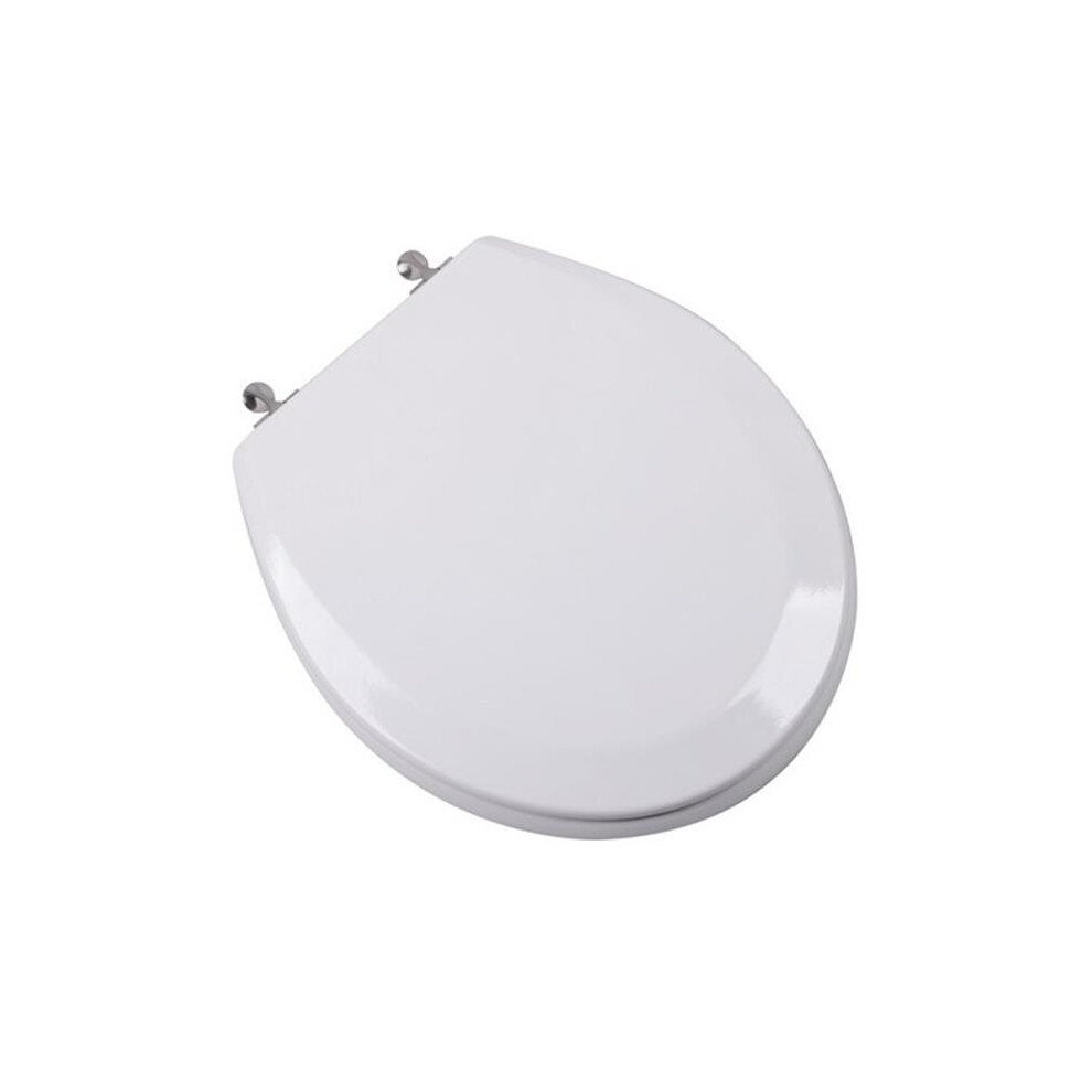 Premium Molded Round Front Wood Toilet Seat With Brushed Nickel Metal Hinges, White 753678764070