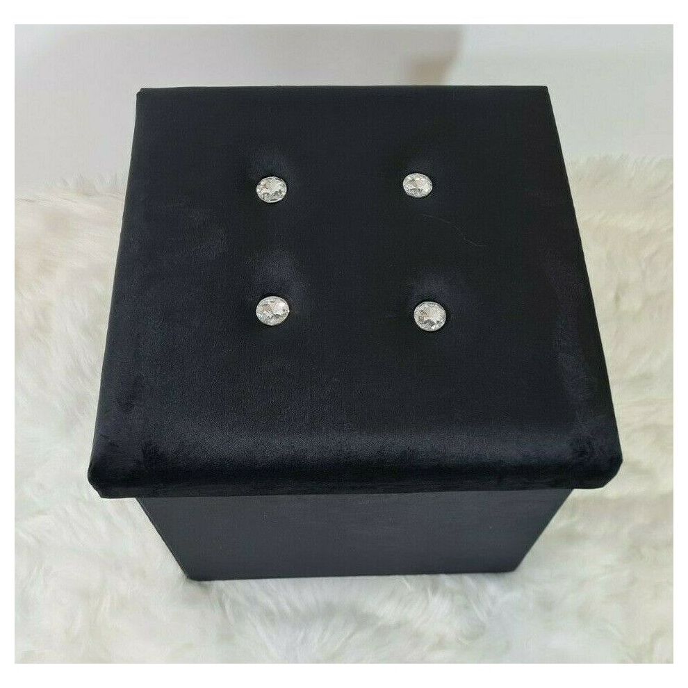 Onestopbuys (38X38x38cm, ) Velvet Diamante Ottoman Folding Footstool Black