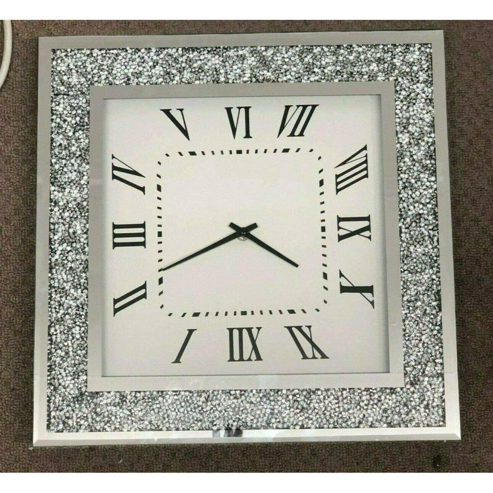 New Werhomeshowroom Mirror Crushed Diamond Crystal-Filled Wall Clock 30X30 Cm | Glamour Silver
