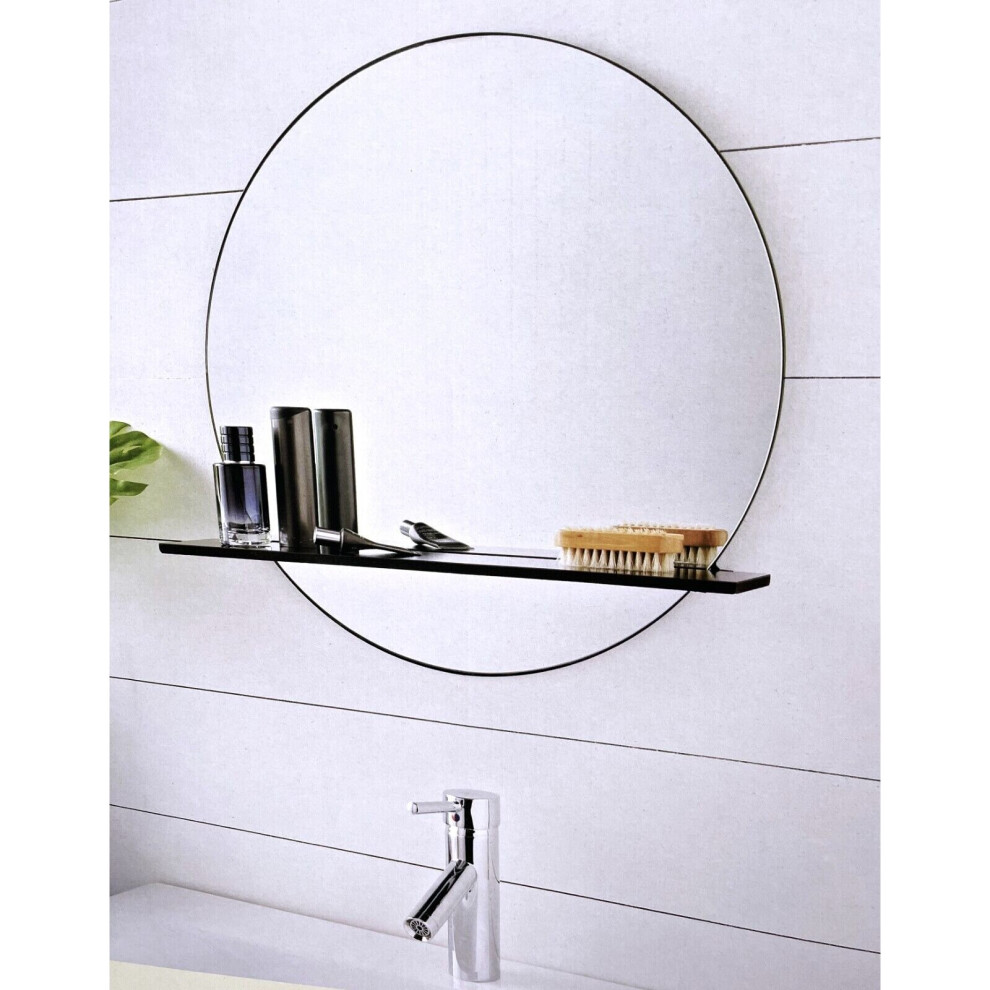 Black Round Bathroom Mirror With Cosmetics Shelf Wall Mounted Metal Frame