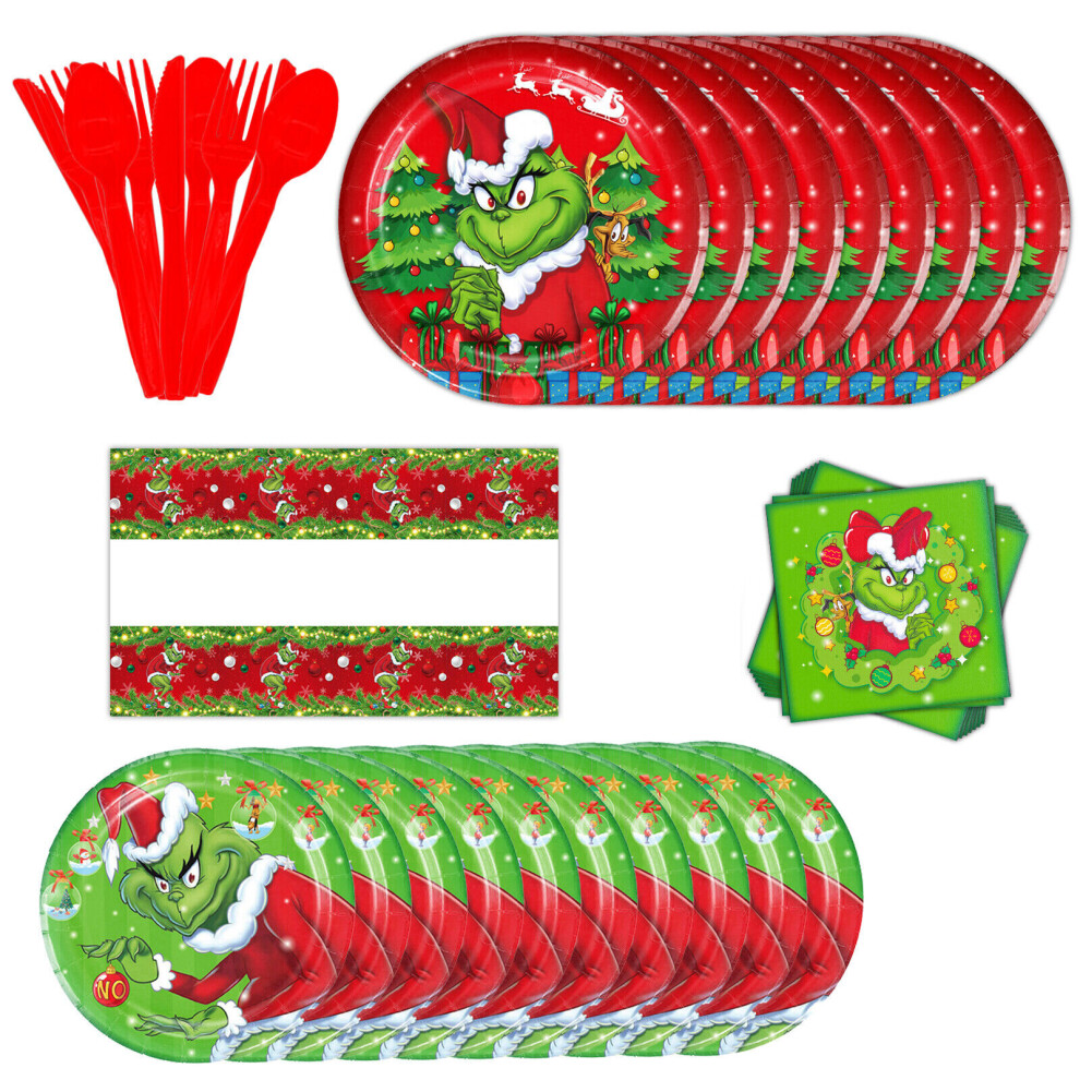 (71Pcs/Full set) The Grinch Christmas Party Tableware Paper Plates Table Cloth Xmas Decor