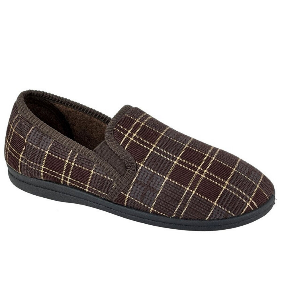 (UK 9) Sleepers Mens Dale Twin Gusset Slip On Carpet Slippers Brown Check