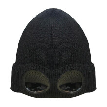 (Black) Knitted Beanie Hat Winter Thickened Warm Ski Cap With Goggles For Outdoor