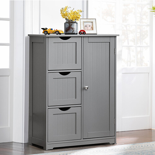 Costway Bathroom Floor Cabinet Storage Cupboard Organizer w/ 3 Drawers Grey