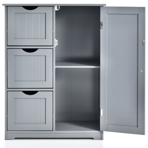 Costway Bathroom Floor Cabinet Storage Cupboard Organizer w/ 3 Drawers Grey 1
