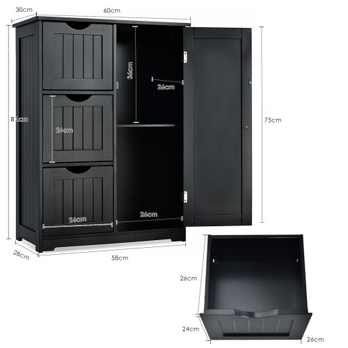 Costway Bathroom Floor Cabinet Storage Cupboard Organizer w/ 3 Drawers Black 2