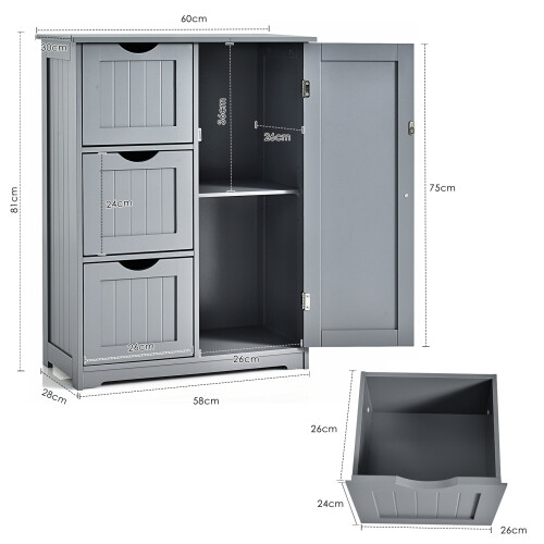 Costway Bathroom Floor Cabinet Storage Cupboard Organizer w/ 3 Drawers Grey 2