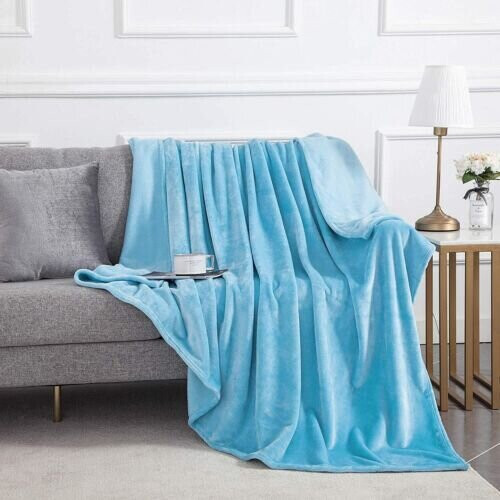 (Single, Light Blue) Fleece Blankets Throw Sofa Bed Travel Warm Fluffy 1