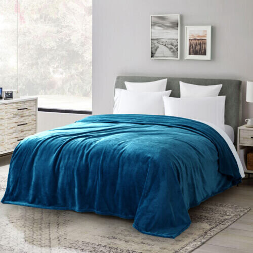 (Single, Teal) Fleece Blankets Throw Sofa Bed Travel Warm Fluffy 2