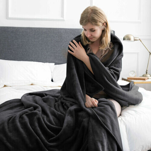 (Double, Black) Fleece Blankets Throw Sofa Bed Travel Warm Fluffy 2