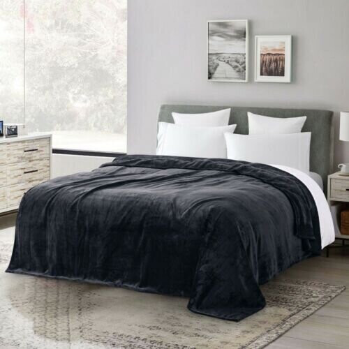 (Single, Black) Fleece Blankets Throw Sofa Bed Travel Warm Fluffy 1