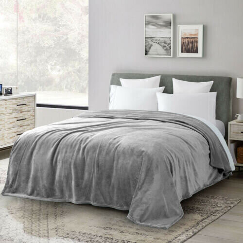(King, Silver) Fleece Blankets Throw Sofa Bed Travel Warm Fluffy 1