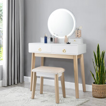 Dressing Table and Stool Set Modern Vanity Desk Chair Set w/ LED Light & 2 Drawers