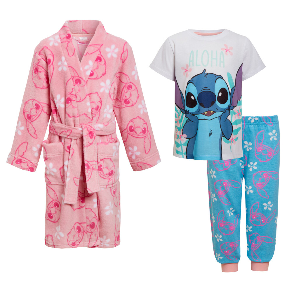 (9-10 Years) Girls Lilo And Stitch Dressing Gown + Pyjamas 3pc Matching Set Red Bathrobe + Pjs