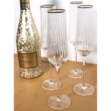4x Gold Rim Ribbed Champagne Flutes Glasses Cava Prosecco Glass