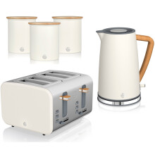 Swan Nordic Cotton White 5-Piece Kitchen Set: 1.7L Kettle, 4-Slice Toaster & Tea, Coffee & Sugar Canisters
