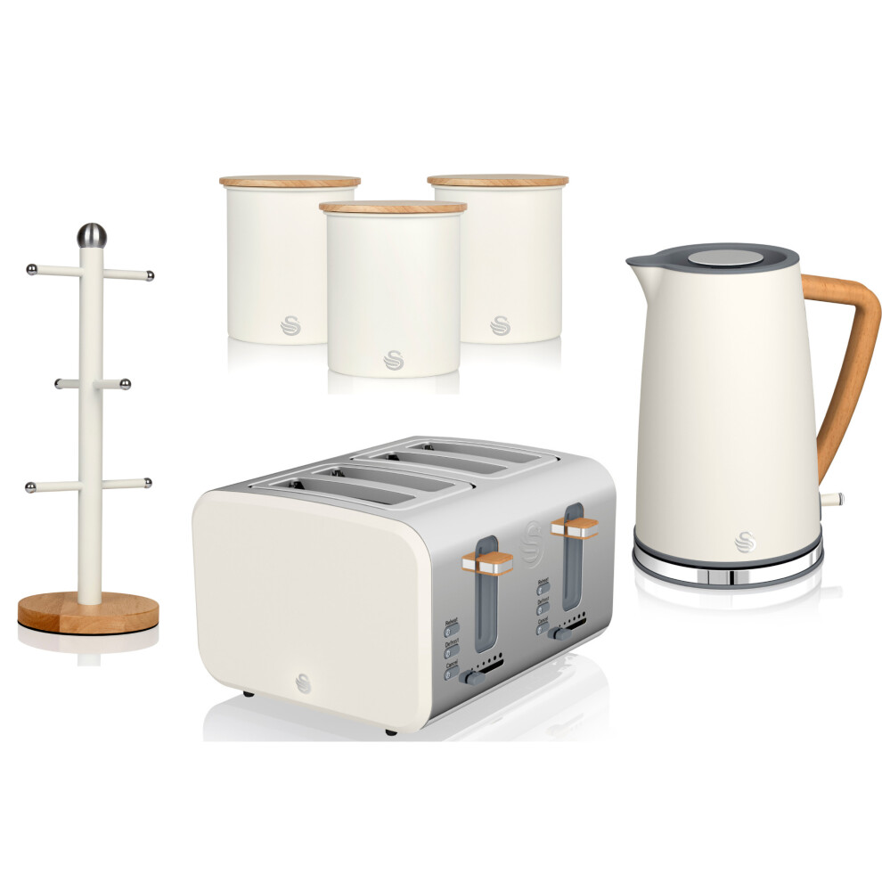 Swan Nordic White Kettle 4 Slice Toaster 3 Canisters Mug Tree Set