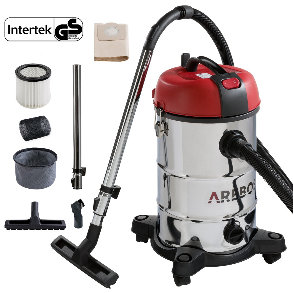 AREBOS Industrial Vacuum Cleaner 1800 W | Wet & Dry  | Ash Vacuum Cleaner for Fireplace & Grill |  30 L Container | Red