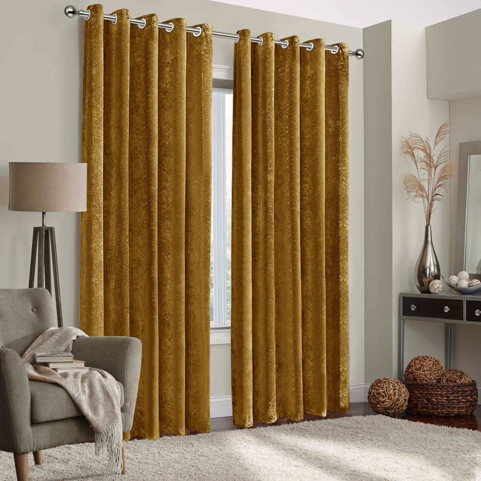 (66" width x 72" drop - 168cm width x 183cm drop., Mustard) Eyelet Ring Top Curtains Velvet Lined Curtain Pair