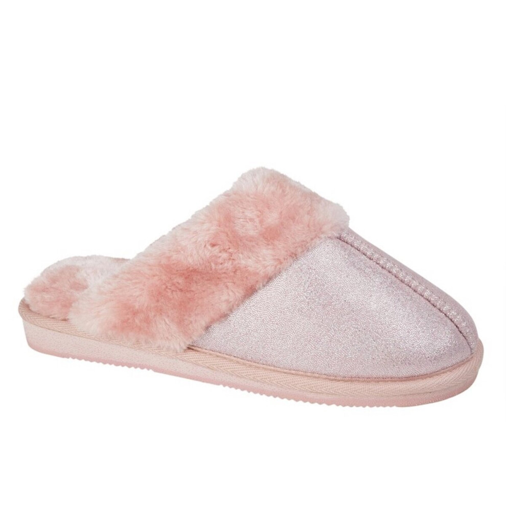 (UK 7) Sleepers Girls Juliet Faux Fur Lined Sparkle Glitter Mule Slippers Pink