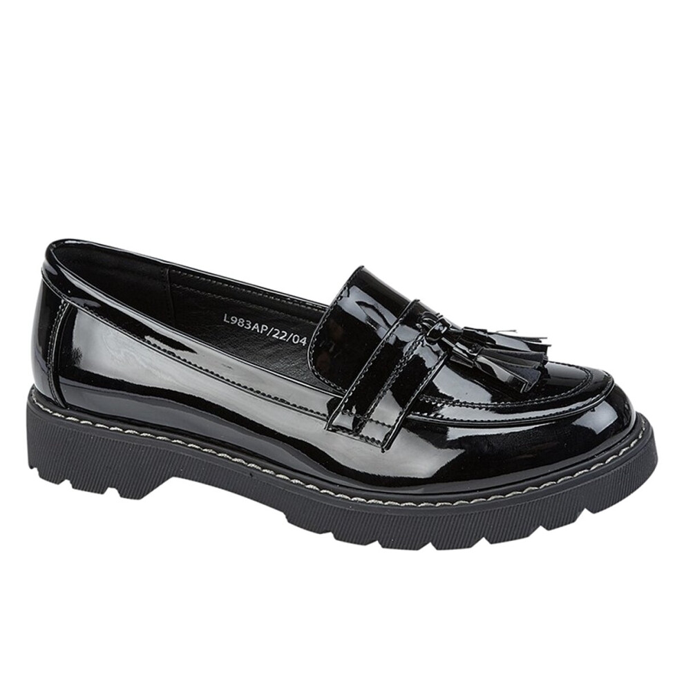 (UK 3) Boulevard Womens Low Heel Tassel Loafers Patent Black