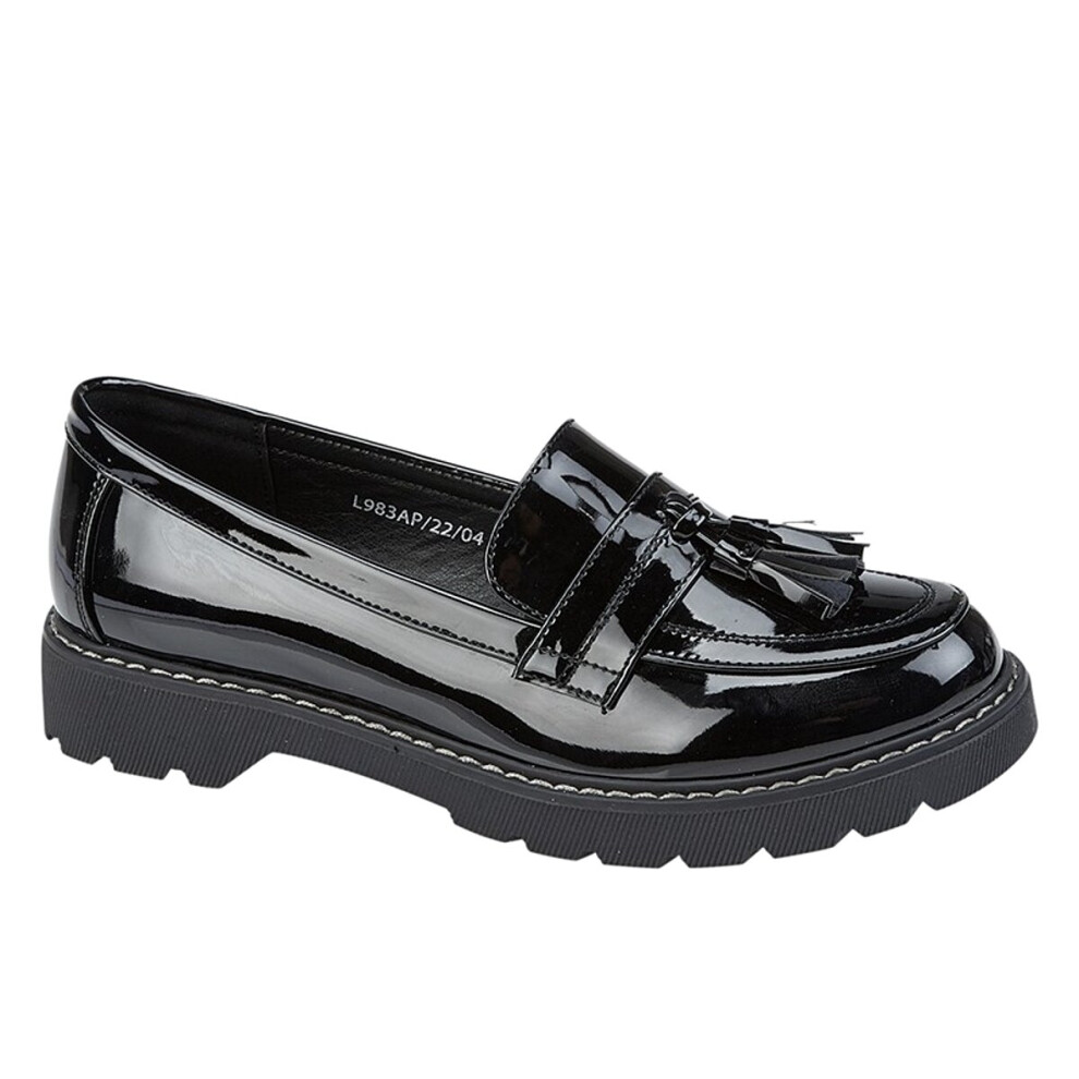 (UK 5) Boulevard Womens Low Heel Tassel Loafers Patent Black