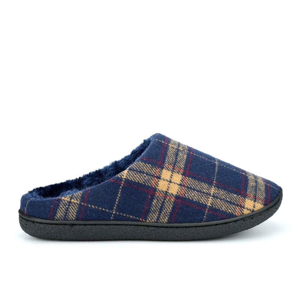 (UK 7) Zedzzz Mens Fabian Check Mule Slippers With Velour Lining And Insole Navy