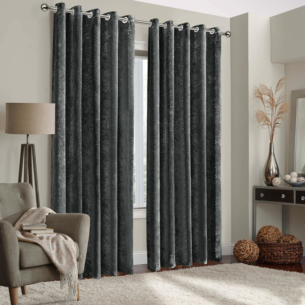 (Charcoal, 90" width x 90" drop - 228cm width x 228cm drop.) Velvet Curtain Pair Eyelet Ring Top Curtains with Tie Backs