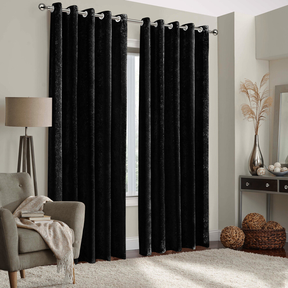 (Black, 90" width x 90" drop - 228cm width x 228cm drop.) Velvet Curtain Pair Eyelet Ring Top Curtains with Tie Backs