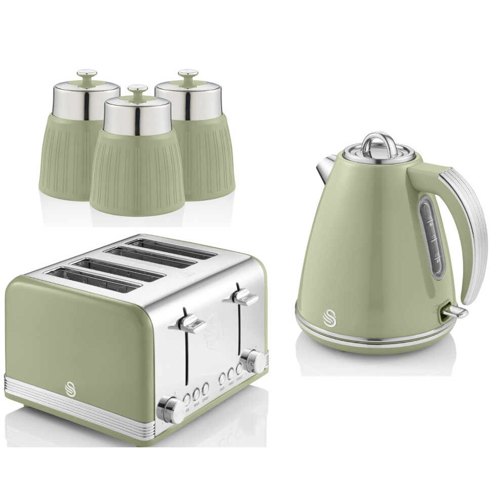 SWAN Retro Green Jug 1.5L Kettle 4 Slice Toaster & 3 Canisters Set